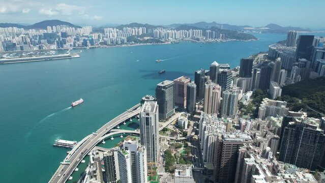Aerial drone skyview of the residential and commercial area in Hong Kong East District at Victoria Harbour, near Kings Road in Tai Koo Shing and North Point Quarry Bay Shau Kei Wan 