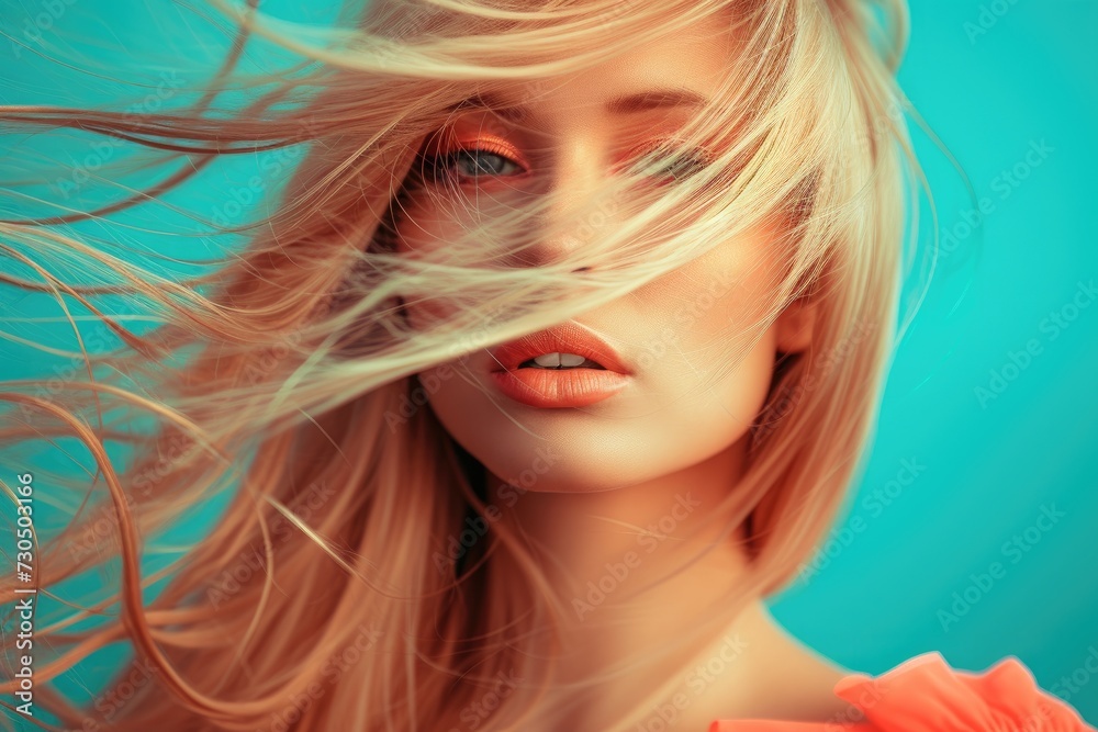 Wall mural Portrait of a stunning blonde woman with long straight hair flowing in the wind wearing coral makeup a fashion model Flying hair