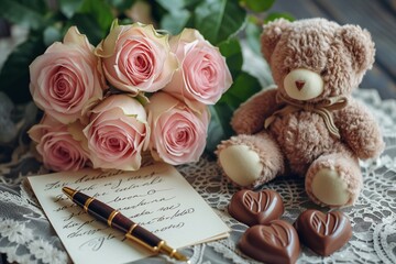 Naklejka premium Cute and Romantic Background with Pink Roses and Love Letter
