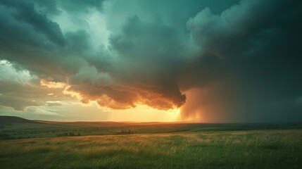 A dramatic shot of a backlit storm brewing over a vast open landscape.