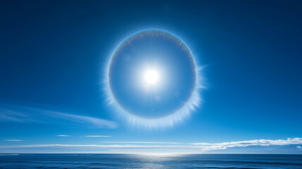 Photo of the natural phenomena Halos and Parelio, showing a circle of light around the sun accompanied by elongated lights, Ai generated images