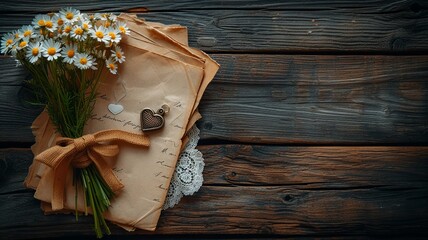 Vintage Love Letters and Daisies on Rustic Wood for Romantic Theme

