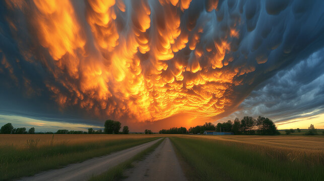 Asperity cloud formations hang low in the sky, with sunset light radiating behind them, Ai Generated Images