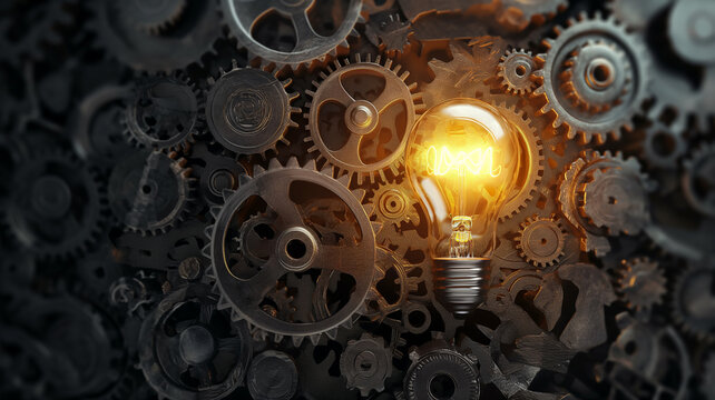 Illuminating light bulb and gears, business life concept