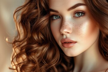 Fototapeta premium Gorgeous brown haired girl with flawlessly curled hair and timeless make up