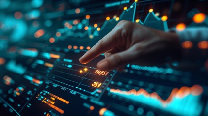 Obraz premium Businessman hand pointing finger to growth success finance business chart of metaverse technology financial graph investment diagram on analysis stock market background with digital economy exchange
