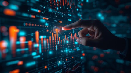 Businessman hand pointing finger to growth success finance business chart of metaverse technology financial graph investment diagram on analysis stock market background with digital economy exchange