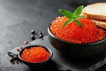 Red caviar served in a bowl and caviar sandwiches on a black stone board against a dark backdrop - obrazy, fototapety, plakaty