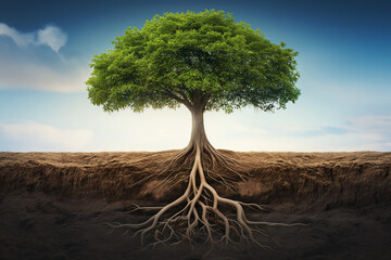 Tree and roots, tree growth and rooting, sustainability and environment concept