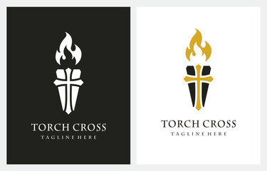 Torch Cross Church Fire logo design vector in gold color