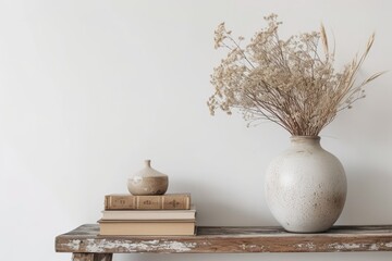 Simple arrangement of dry flowers in a trendy vase books and wooden coffee table in white living room Blank area available - obrazy, fototapety, plakaty
