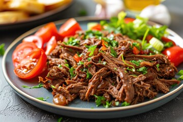 Close up horizontal view of plate with spicy pulled beef and vegetable salad