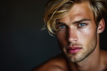 Studio close up portrait of a handsome blond male model with muscles shirtless