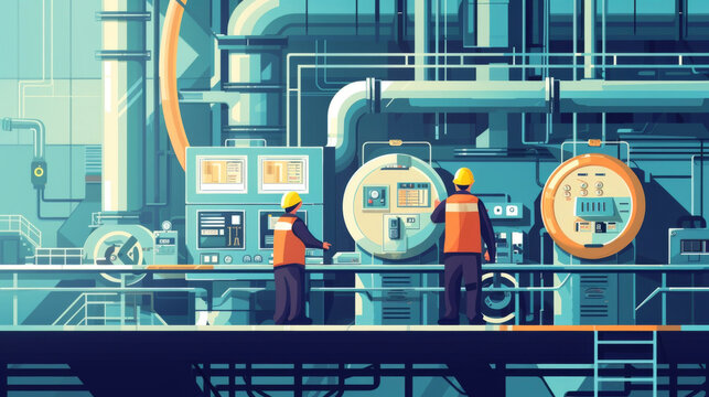 In the engine room a senior engineer works closely with a junior crew member patiently guiding and teaching them the operations of the complex machinery.