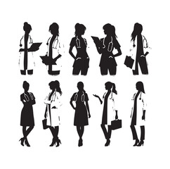 female doctors silhouette vector set. physicians standing in a different position