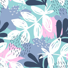 Fototapeta na wymiar Fashion tropics funny wallpapers. Seamless pattern with leaf on blue background. 