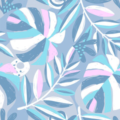 Fashion tropics funny wallpapers. Seamless pattern with leaf on blue background.