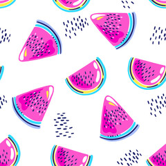 Fashion tropics funny wallpapers. Seamless pattern with watermelon on blue background. Bright summer illustration. Fruit design for fabric