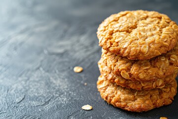 Text space for close up of traditional Australian oatmeal and coconut cookies called homemade ANZAC biscuits