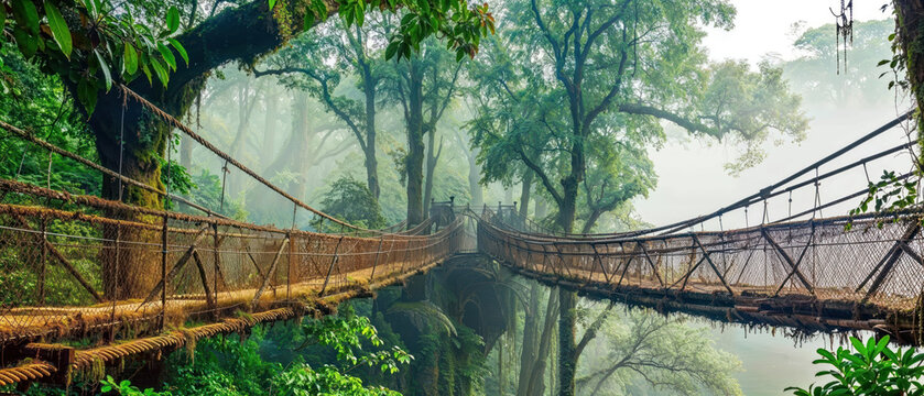 archaic suspension bridge crossing the jungle