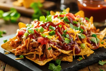 Fotobehang Nachos with BBQ sauce cheese and homemade pulled pork © The Big L