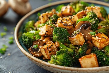 Selective focus dish of sauteed broccoli tofu and mushrooms on a plate