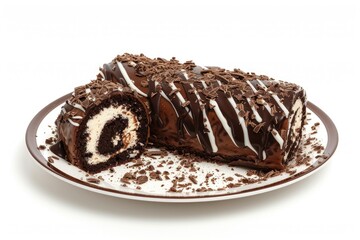 Isolated chocolate roll cake on white plate