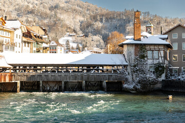 Covered bridge over the AAre river in Thun, Switzerland
