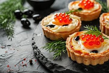 Top view of festive tartlets with red caviar egg melted cheese black olives copy space
