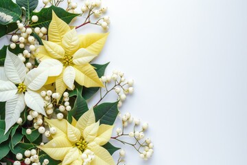 Traditional Christmas decoration with white poinsettia flower and mistletoe bunch