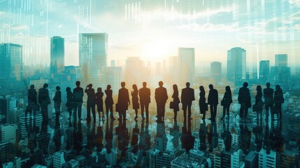 Successful partnership deal depicted by abstract image of business individuals surrounded by cityscape and office building. - obrazy, fototapety, plakaty