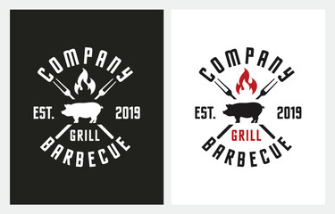Vintage Grill Barbeque BBQ with Pork Fork and Fire Flame logo design inspiration