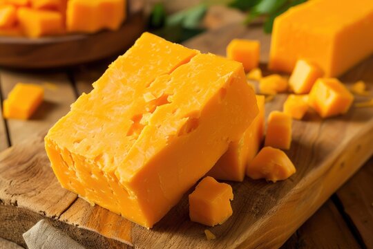 Focusing on Cheddar Cheese placed on a cutting board