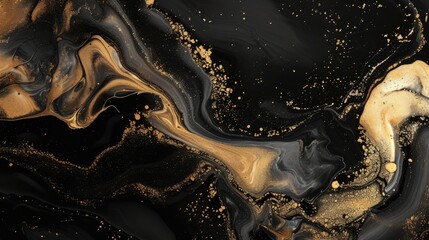 Fototapeta na wymiar Marble-inspired liquid ink art painting on paper creates a black gold abstract background.