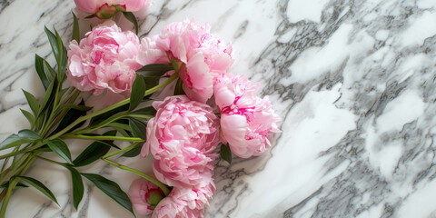 Top view flowers decoration on a marble background, Flat lay Minimal fashion summer holiday concept