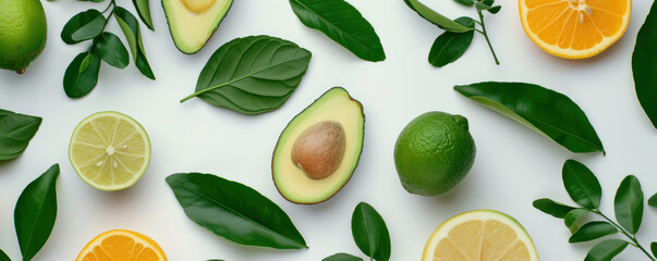 Flat lay top view green leaves avocado lemon lime on white background