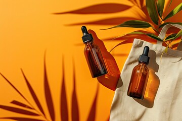 Amber bottles with dropper serum or essential oil cloth shopping bag Orange background daylight palm shadow Natural skin care and cosmetics