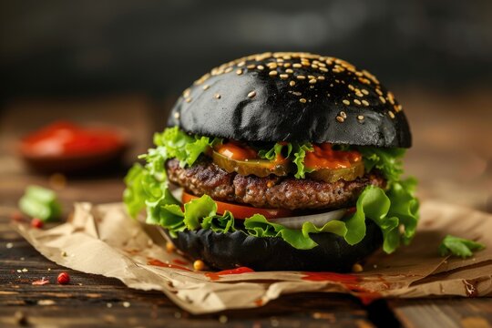 Black bun beef burger with lettuce mayo and ketchup served on brown paper on a rustic wooden counter against a dark background