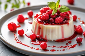 Coconut vanilla panna cotta with jelly custard raspberry berries and syrup on a plate - obrazy, fototapety, plakaty