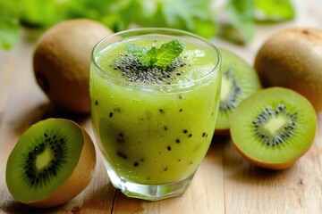Focus point on glass with fresh healthy kiwi smoothie