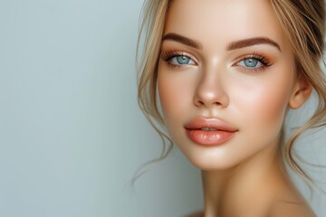 Naklejka premium Glamorous blonde woman with natural make up and clean healthy skin posing in a spa portrait on a grey background