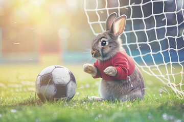 Cute rabbit plays with soccer ball next to goal  - obrazy, fototapety, plakaty