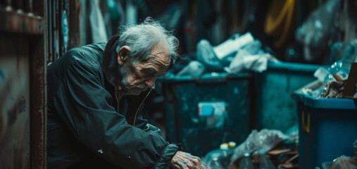 Aging Society homeless old man searching trash bin for food in slums.