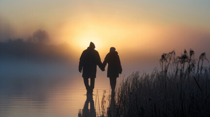 Aging Society old couple holding hands walk in a calm and misty lake sunset