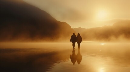 Aging Society old couple holding hands walk on a misty lake sunset mountain