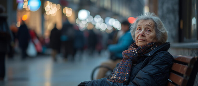 Aging Society an old woman sitting on a bench in a city square with walking people