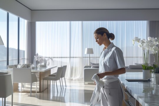 Professional housekeeper maintaining a pristine modern home interior