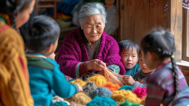 Aging Society an old woman teaching a group of children how to knit yarn crafting