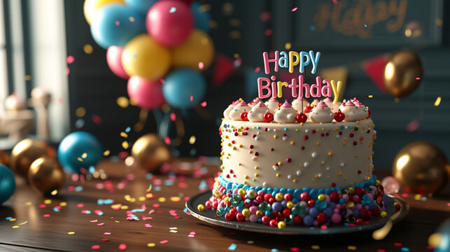Birthday cake illustration with candles on a 3D happy birthday background for cards and wallpapers. Happy Birthday, Wallpapers, Greeting Cards, 3D Background, Birthday Cake, Candles, Gifts