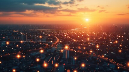 Aerial view cityscape at night with skyline and connectivity link of light grid concept of connection